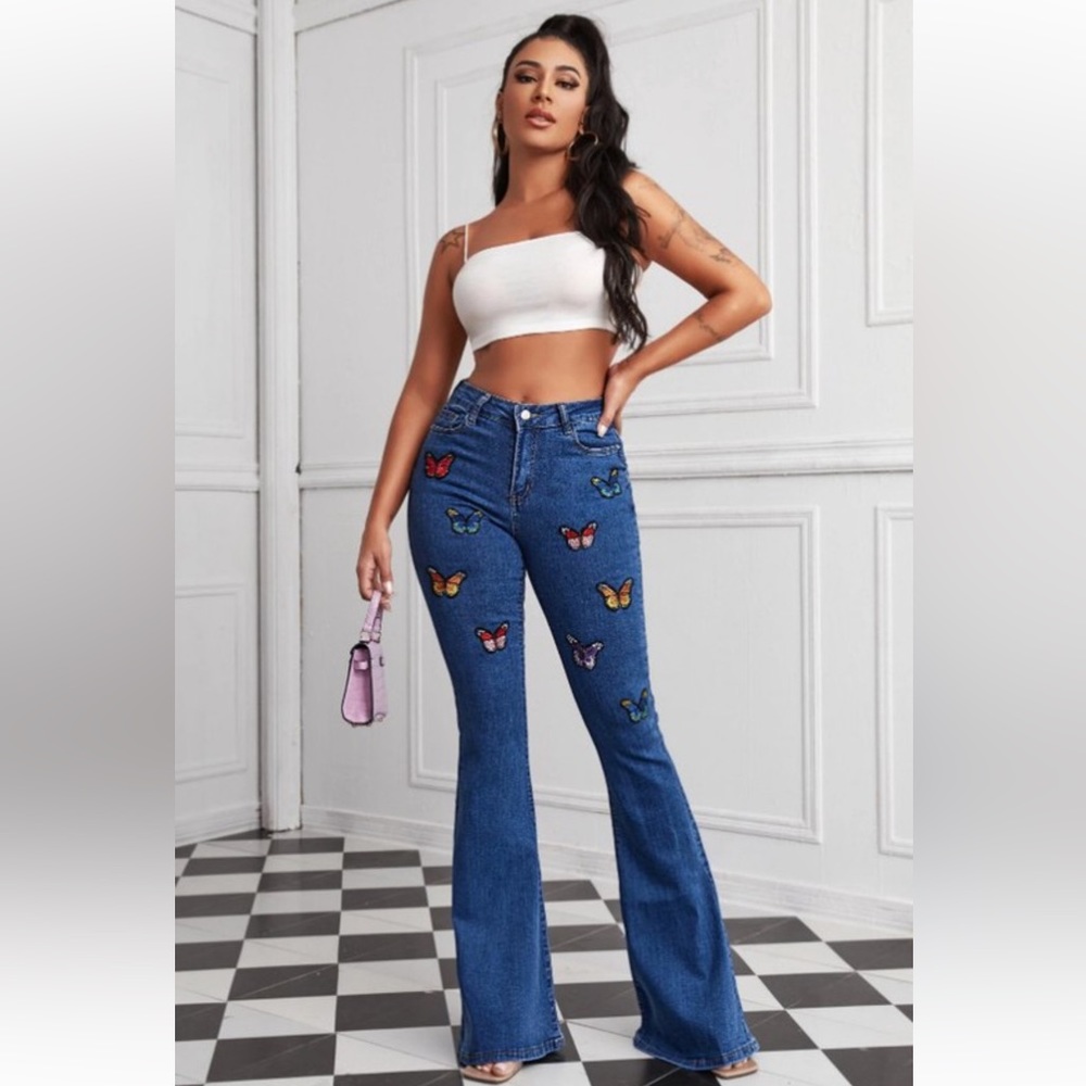 Flare Denim Embellished Butterflies Blue Jeans